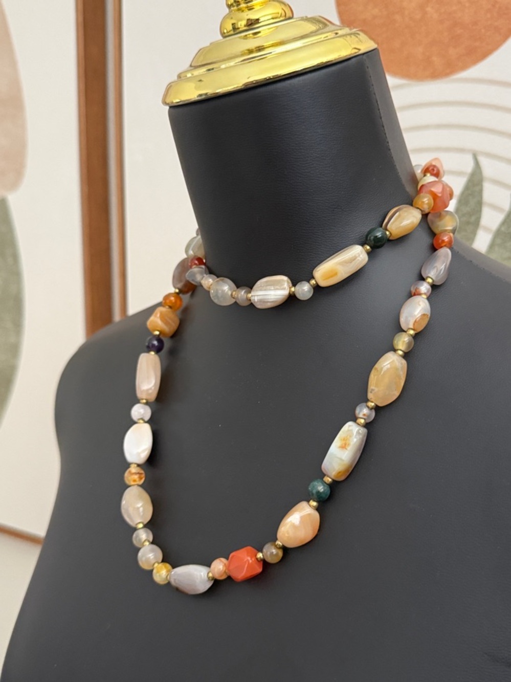 Brooks Brothers Agate Bead Necklace in Orange, Cream & Green Gold Tone Jewelry - Picture 2 of 7
